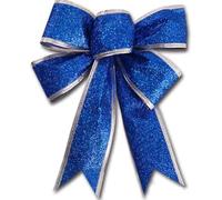 Blue Christmas Bows Outdoor Decorations Large Glitter Christmas Tree Topper Bow with Glitter Silver Edge for Xmas Home Front Door Decor Indoor Outdoor Decoration Supplies(Blue) 7.09”x16.14”