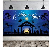 Blue Christmas Nativity Backdrop Banner - Merry Christmas Jesus Birth Banner - O Holy Night Religious Xmas Photo Booth Background for New Year Eve Party