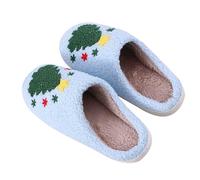Blue Christmas Slippers for Women Warm Soft Plush Fuzzy Cozy Slip-On Slippers Winter Anti-Slip Christmas Tree Home Shoes for Holiday Xmas Bedroom Indoor Outdoor Use