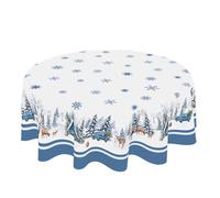 Blue Christmas Tablecloth Round 60 Inch Winter Woodland Deer Pine Snowflake Tree Decoration Table Cloth Washable Fabric Christmas Table Cover for Dining Kitchen Holiday Party Picnic Home Outdoor Decor