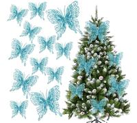 Blue Christmas Tree Butterfly Ornaments Glitter Butterfly Decorations Artificial Butterflies with Clip & Stem for Xmas Party Wreath Garland Decor - 12-Pack 5inch 3D Hollow Butterflies