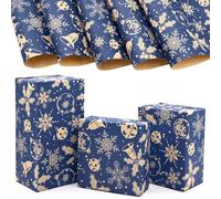 Blue Christmas Wrapping Paper 5Pcs, 70 * 50cm Kraft Wrapping Paper for Xmas,Brown Bell Snowflake Design