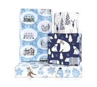 Blue Christmas Wrapping Paper for Men Women, Polar Bears Elk Reindeer Snowflakes Printed Winter-theme Gift Wrap Papers for Merry Christmas, XMAS Party, Celebration Holidays DIY Craft Supplies