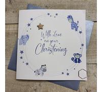 BLUE CIRLE OF CUTE TOYS CHRISTENING CARD, HAND FINISHED (S661)