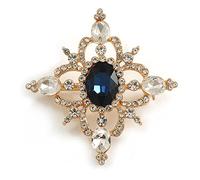 Blue/Clear Austrian Crystal Diamond Shape Corsage Brooch In Gold Plating - 50mm L