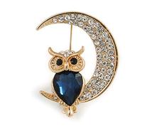 Blue/Clear Crystal Owl On The Moon Brooch In Gold Tone Metal - 35mm Tall