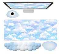 Blue Cloud Mouse Pad and Keyboard Wrist Rest 4PCS Extended Large Stars Desk Mat Pad Set Memory Foam Non-Slip Ergonomic Cute Gaming Mouse Pad Wrist Support for Computer Laptop Home Office