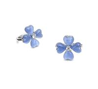 Blue Clover Stud Earrings, Four Leaf Heart Petals, Crystal Center, Silver Tone