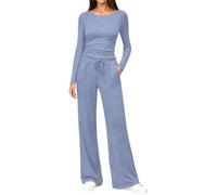 Blue Co Ord Sets 2 Piece Outfit Womens Casual Smart Long Sleeve Top & Wide Leg Drawstring Trousers Ladies Lounge Wear Sets Everyday Leisure Outfit Sets for Women UK Running Walking Errands Size M