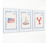 Blue Coastal Beach Canvas Wall Art, Patriotic American Flag Poster, Rustic Nautical Boat Picture, Lobster Seaside Aesthetic Painting, 3pcs Watercolor Ocean Themed Stamp Print 12x16in Unframed
