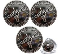 Blue Collar Club Challenge Coin, Funny Skeleton Middle Finger Wrench Blue Collar Commemorative Coin, Working Class Collectible Token, Gift for Mechanics Welders Workers (3PCS)