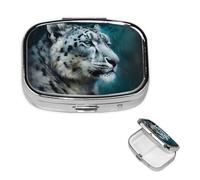 Blue Color Leopard Pill Box 2 Compartment Round Metal Pill Case for Purse & Pocket, Portable Medicine Organizer Travel Pillbox Daily Pill Container Holder to Hold Vitamins, Fish Oil