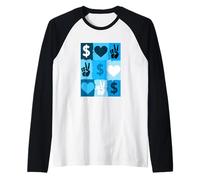 Blue Color Peace Love Money Grid Blue Graphic Raglan Baseball Tee