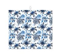 Blue Colored Turtle Art Print Microfiber Dish Drying Mats for Kitchen Counter, Machine Wash Super Absorbent Dish Drying Pad Rack Mat 16x18 Inch