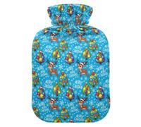 Blue Colorful Reindeer Christmas Tree Hot Bottle Water Bag with Soft Cover, 1L Hot Compresses for The Body for Period Cramps