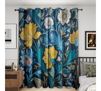 Blue Colourful Leaf Floral Curtains Blackout, 90x90 Inch 2 Panels - Vintage Rustic Flower Pattern Black Out Curtains, Home Decor, 90 Drop Eyelet Window Drapes for Bedroom, Living Room S125