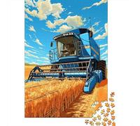 Blue Combine Harvester in Wheat Field-1 1000-Piece Adult Jigsaw Puzzle, 38x26cm/1000pcs, for Relaxed Evenings at The Table; White Card Pieces for Easy Sorting