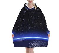 Blue Constellation Galaxy Print Flannel Blanket Hoodie, Oversized Blanket Hoodie For Adults, Wearable Hooded Sweatshirt With Pocket For Teenagers