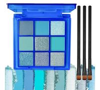 Blue Cool-Toned Glitter Matte Eyeshadow Palette with 9 Colours - Long-Lasting Portable Makeup Kit for Daily & Evening Wear, Includes Three Dual-Ended Brushes in Travel Case
