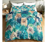 Blue Coverless Duvet King Size, All Seasons Reversible Tropical Style Comforter Duvet with 2 Pillowcases, Lightweight Cosy Jungle Tropical Leaves Animals Pomeranian Print Pattern Quilt, 200 x 200 cm