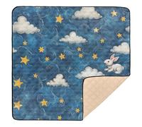 Blue Cowhide Background with A Few White Clouds and Yellow Stars Floating Above and A White Bunny Rabbit Underneath Soft Thick Baby Activity Play Mat for Floor Non-Toxic Padded Play Mat for