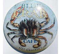 Blue Crab Cafe Round Dome Tin Sign Seafood Nautical Bar Metal Wall Decor 12" Diameter