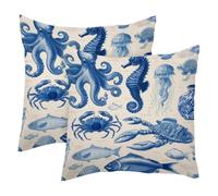 Blue Crab Octopus Seahorse Shells 2PCS Throw Cushion Covers Soft Velvet Pillow Case Modern Decorative Double-Sided Designs Pillowcase, 50x50cm (Inserts Not Include)