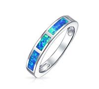 Blue Created Opal Inlay Pave Cubic Zirconia Solitaire Ring For Women .925 Sterling Silver October Birthstone