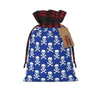 Blue Crosses Bones Skull Christmas Drawstring Bags Xmas Wrapping Storage Bag with Tags Medium