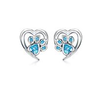 Blue Crystal Paw Stud Earrings for Heart Shape Footprint Ear Studs Jewelry Women