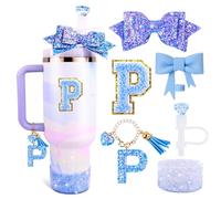 Blue Cup Accessories Set for Stanley 30OZ & 40OZ Tumbler with Handle, Letter Charms, Bow & Diamond Straw Covers, Glitter Silicone Boot, Personalized Sticker for Stanley Cup Accessories (P)