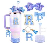 Blue Cup Accessories Set for Stanley 30OZ & 40OZ Tumbler with Handle, Letter Charms, Bow & Diamond Straw Covers, Glitter Silicone Boot, Personalized Sticker for Stanley Cup Accessories (R)