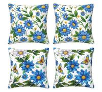 Blue Cushion Covers 30 x 30 cm Pack of 4 Velvet Cushion Cover Soft Small Sofa Cushions 12 x 12 Inch Square Daisy Throw Pillow Cases for Couch Chair Sofa Livingroom Bedroom Farmhouse Decor -LI561