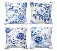 Blue Cushion Covers 30 x 30 cm Pack of 4 Velvet Cushion Cover Soft Small Sofa Cushions 12 x 12 Inch Square Flower Bird Throw Pillow Cases for Couch Sofa Livingroom Bedroom Farmhouse Decor -LI259