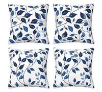 Blue Cushion Covers 35 x 35 cm Pack of 4 Velvet Cushion Cover Soft Small Sofa Cushions 14 x 14 Inch Square Leaves Throw Pillow Cases for Couch Chair Sofa Livingroom Bedroom Farmhouse Decor -LI489