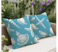 Blue Cushion Covers 35 x 35 Set of 2, Shell Pattern Square Linen Outdoor Cushions, Double Sided Printing Sofa Cushions, with Invisible Zipper Decorative Pillows, for Sofa Balcony Living Room w-203