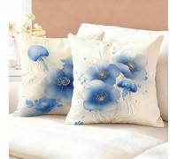Blue Cushion Covers 35cm x 35cm 2 Pack, Flowers Cushion Covers Linen, Double Sided Throw Pillow Cases, Funky & Durable & Machine Washable for Living Room Refresh, Ideal Home Decor Gifts K6-346