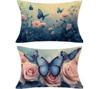 Blue Cushion Covers 40x70 Set of 2, Butterfly Rectangle Pillow Cases with Hidden Zipper, Waterproof Linen Pillow Case 40x70cm, Double Sided Printing, Pillowcases for Bed Sofa Outdoor Decor kj-8384