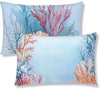 Blue Cushion Covers 50cm x 60cm Linen Pillow Cases 2 pack Rectangle Coral Outdoor Cushions Sofa Cushions Lumbar Cushion Case Throw Pillowcases with Invisible Zipper for Sofa Bed Living Room S-653