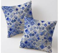 Blue Cushion Covers 65x65 cm Set of 2 Square Decorative Throw Pillow Cases Linen Sofa Pillowcases Geometry Patterned Garden Cushions for Room Home Bed Bench Patio Chair Decor, Gifts for Women C-999