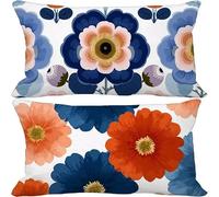 Blue Cushion Covers 70cm x 90cm, 2 Pack Outdoor Cushions Waterproof Soft Sofa Pillows Flower Pattern Design Double-Sided Printing Rectangle Pillow Covers for Summer Autumn Home Decor Gifts 10-m5561