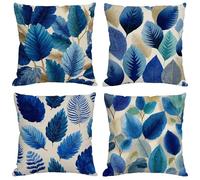 Blue Cushion Covers 70x70 cm Set of 4 Outdoor Cushions Waterproof Garden Cushions Linen Throw Pillow Covers Leaves Double Sided Printing for Indoor Sofa Outdoor Patio Balcony Fall Decor,Gifts M37