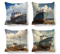 Blue Cushion Covers, Large Cushions 60x60 cm Set of 4, Soft Wrinkle-Free Velvet Boat Cushion Covers for Sofa Garden Outdoor Cushions Decorative Pillows, Cooling Pillow Cases for Summer Fall K-823