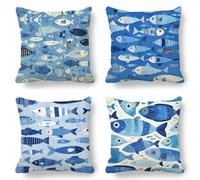 Blue Cushion Covers, Large Cushions 65x65 cm Set of 4, Soft Wrinkle-Free Linen Fish Cushion Covers for Sofa Garden Outdoor Cushions Decorative Pillows, Cooling Pillow Cases for Summer Fall K-607
