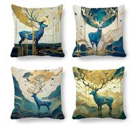 Blue Cushion Covers, Large Cushions 70x70 cm Set of 4, Soft Wrinkle-Free Linen Deer Cushion Covers for Sofa Garden Outdoor Cushions Decorative Pillows, Cooling Pillow Cases for Summer Fall K-808