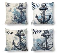 Blue Cushion Covers, Large Cushions 70x70 cm Set of 4, Soft Wrinkle-Free Velvet Anchor Cushion Covers for Sofa Garden Outdoor Cushions Decorative Pillows, Cooling Pillow Cases for Summer Fall K-819