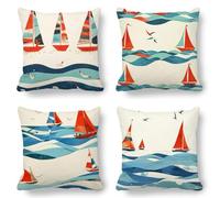 Blue Cushion Covers, Large Cushions 75x75 cm Set of 4, Soft Wrinkle-Free Linen Boat Cushion Covers for Sofa Garden Outdoor Cushions Decorative Pillows, Cooling Pillow Cases for Summer Fall K-827