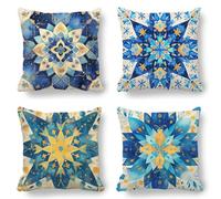 Blue Cushion Covers, Large Cushions 75x75 cm Set of 4, Soft Wrinkle-Free Linen Mandala Cushion Covers for Sofa Garden Outdoor Cushions Decorative Pillows, Cooling Pillow Cases for Summer Fall K-810