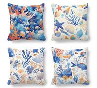 Blue Cushion Covers, Large Cushions 80x80 cm Set of 4, Soft Wrinkle-Free Linen Shell Cushion Covers for Sofa Garden Outdoor Cushions Decorative Pillows, Cooling Pillow Cases for Summer Fall K-765