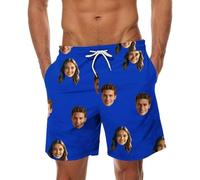 Blue Custom Men Swim Trunks with Face Personalized Beach Shorts Funny Printed Customised Your Own Design Hawaiian Board Shorts Summer Plus Size Lightweight Quick Dry Swimwear Swimming Costume